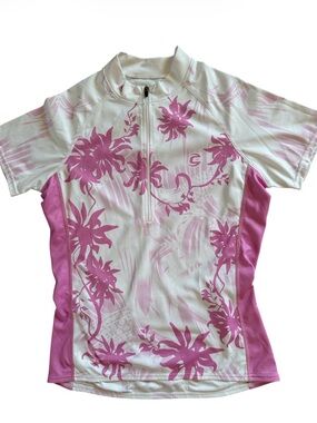 CANNONDALE WOMENS SHORT SLEEVE CYCLING JERSEY PINK FLORAL & VINE PATTERN MEDIUM
